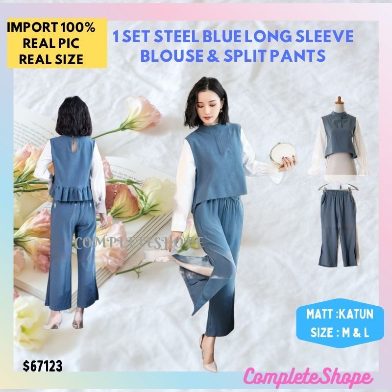 SET ATASAN BLOUSE  LENGAN PANJANG DAN BAWAHAN CELANA PANJANG BELAH SAMPING WANITA REMAJA PUTRI BAJU 