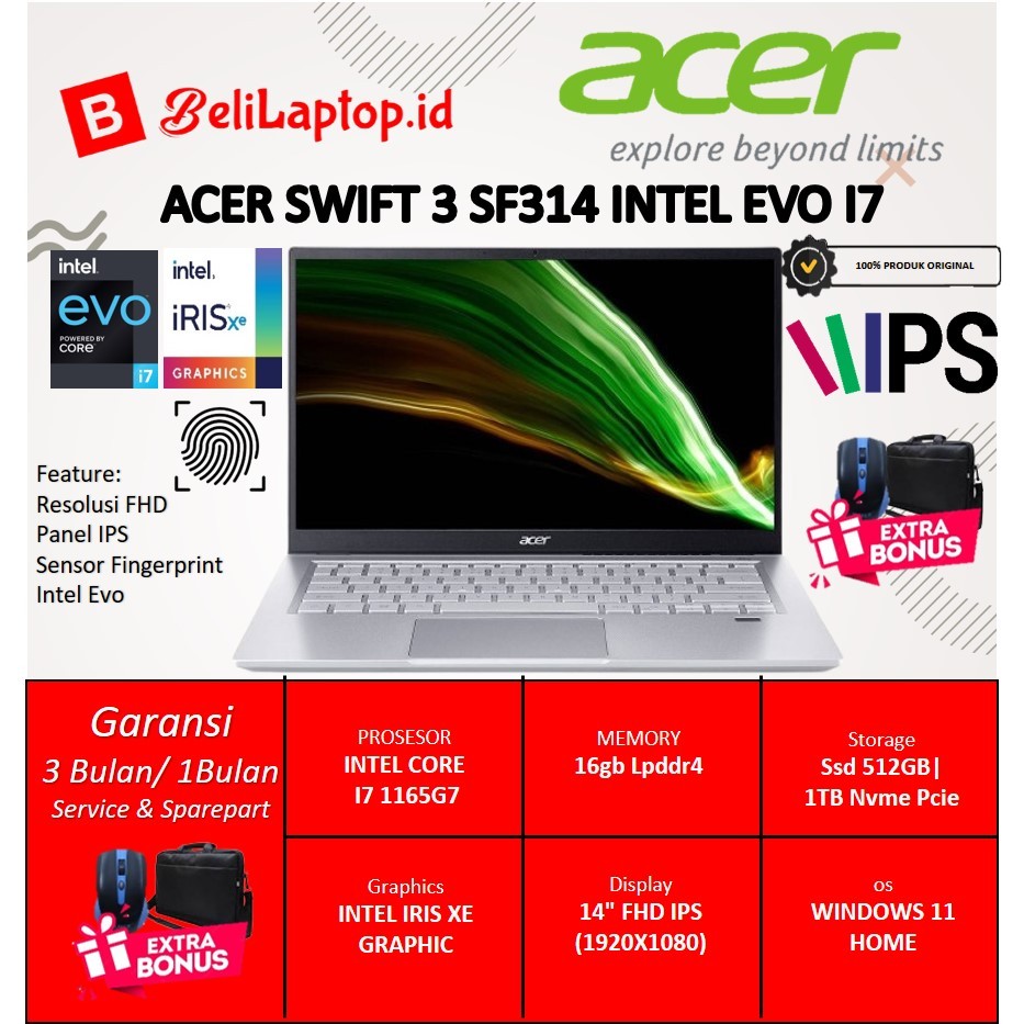 Laptop kerja acer swift 3 intel evo i7 1165G7 1tb 14 inch full hd ips