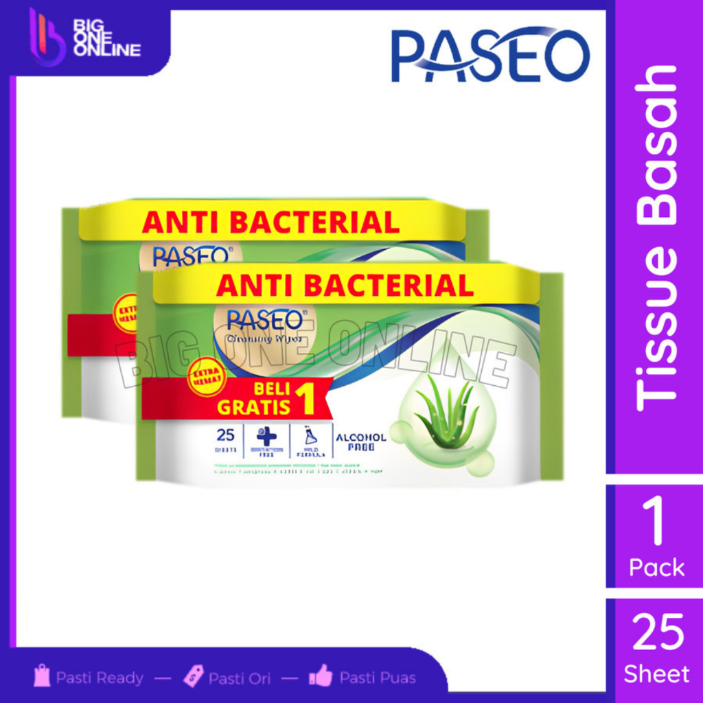 Paseo Tissue Basah Anti Bacterial 25 Sheet, Cleansing Wipes Aloe Vera Tisu, Tissu Basah Paseo Antiba