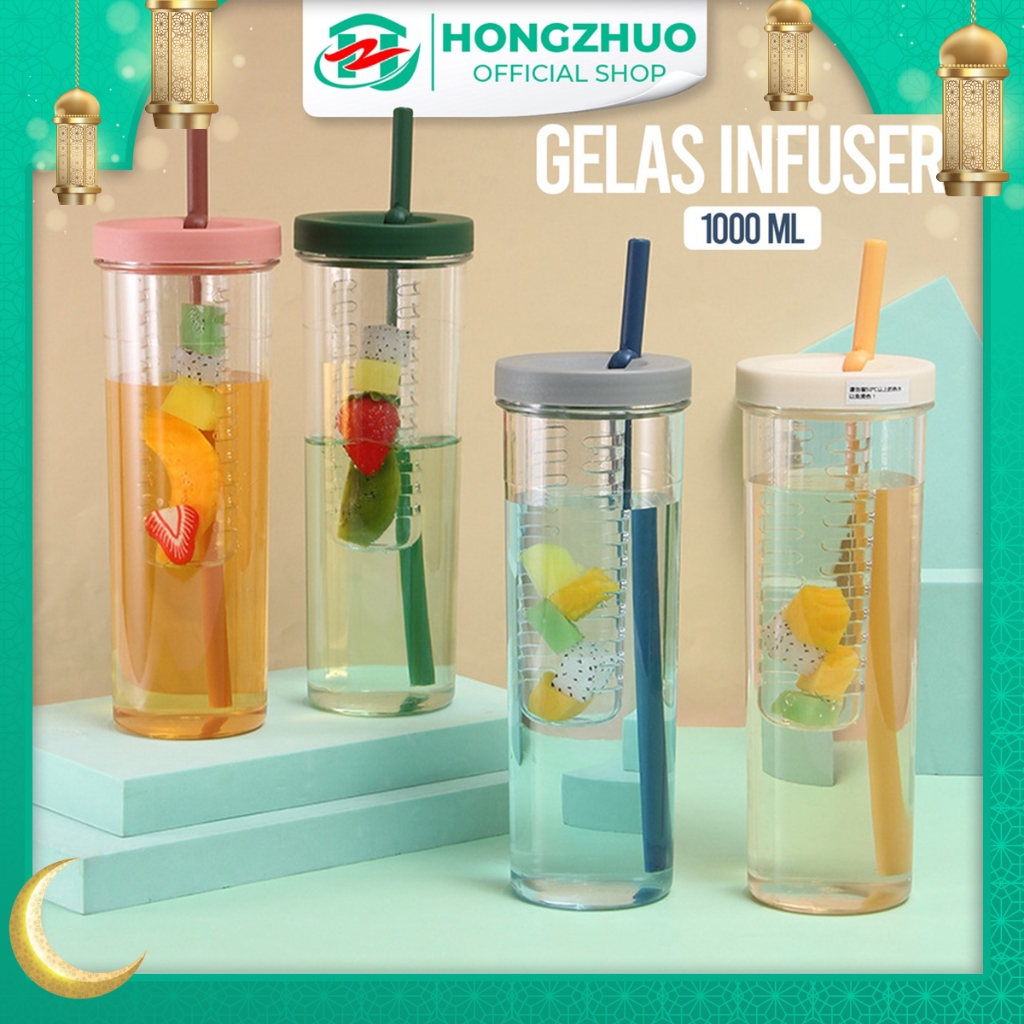 Hongzhuo Botol Minum Transparan Infused Water Botol Minum Sedotan Lipat Botol Minum Buah 1000ml