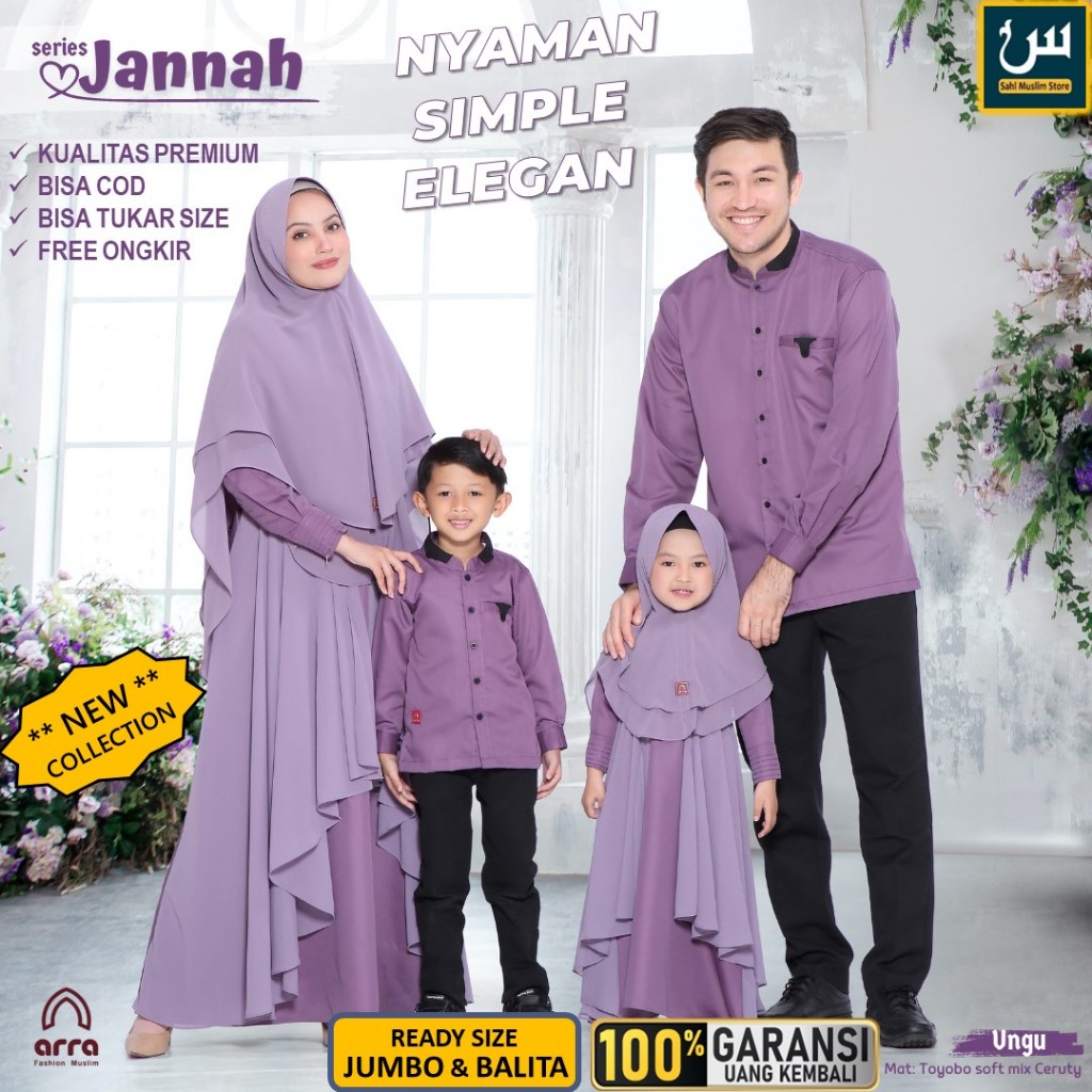Jannah Pakaian Baju Sarimbit Gamis Syari Kemeja Koko Kemko Kerudung Seragam Pengajian Lebaran Muslim Couple Kapelan Ibu Ibu Dan Ayah Dan Anak Anak Balita Remaja Tanggung Laki Laki Perempuan Keluarga Terbaru Lengan Panjang Jumbo Warna Ungu Purple