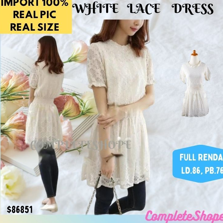 DRESS GAUN WANITA REMAJA PUTRI ANAK PEREMPUAN PUTIH FULL RENDA DENGAN BAGIAN PINGGANG ELASTIS DAN ST