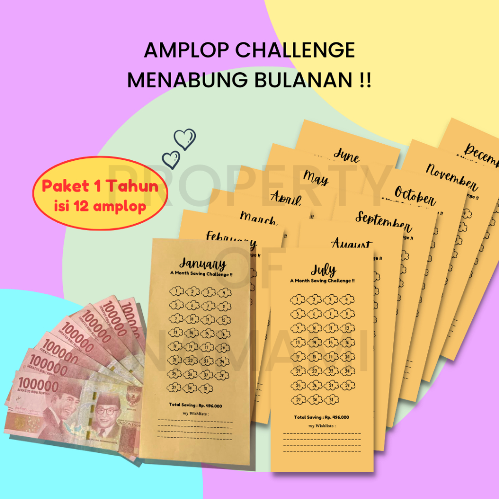 

[12 PCS] Amplop Target Menabung Ukuran Besar Bulanan Sesuai Bulan / Amplop Saving Challenge