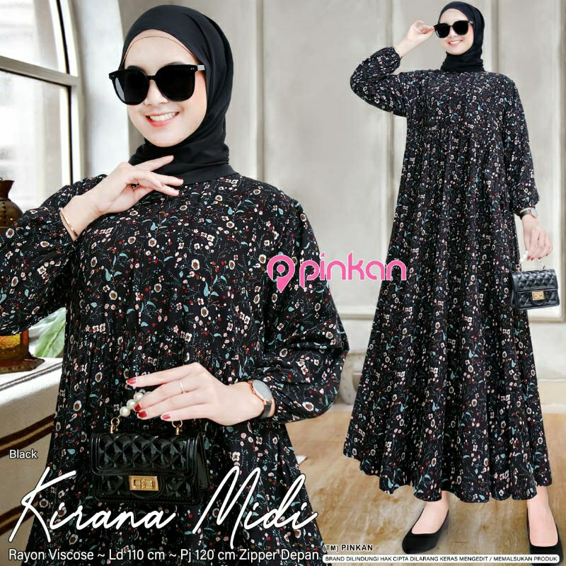 PINKAN Kirana midi dress ld 110 pb 120 gamis rayon midi motif bunga busui friendly dress midi origin