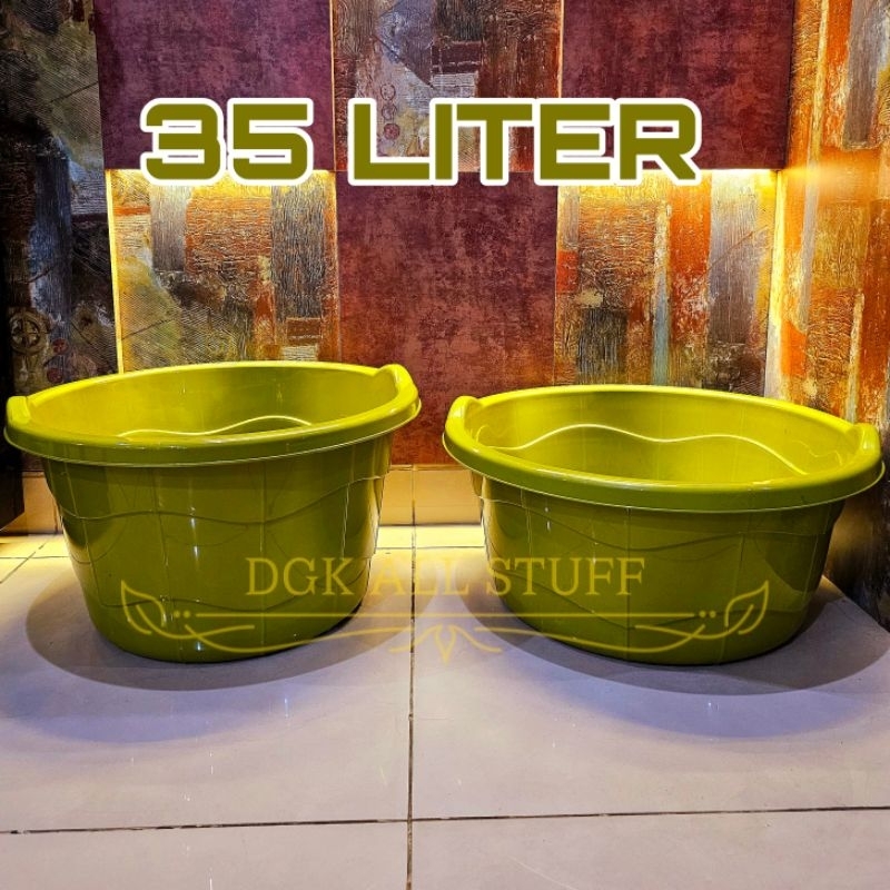 Baskom Waskom Basin Bak Ember Wadah Bulat Adonan Nyuci Cuci Rendam Cucian Pakaian Baju Piring Kamar Mandi Serbaguna Plastik JUMBO BESAR Karet ANTI PECAH USA No Nomor 45 35 L 35L 35 Liter Diameter 50 cm Estetik Hijau Army