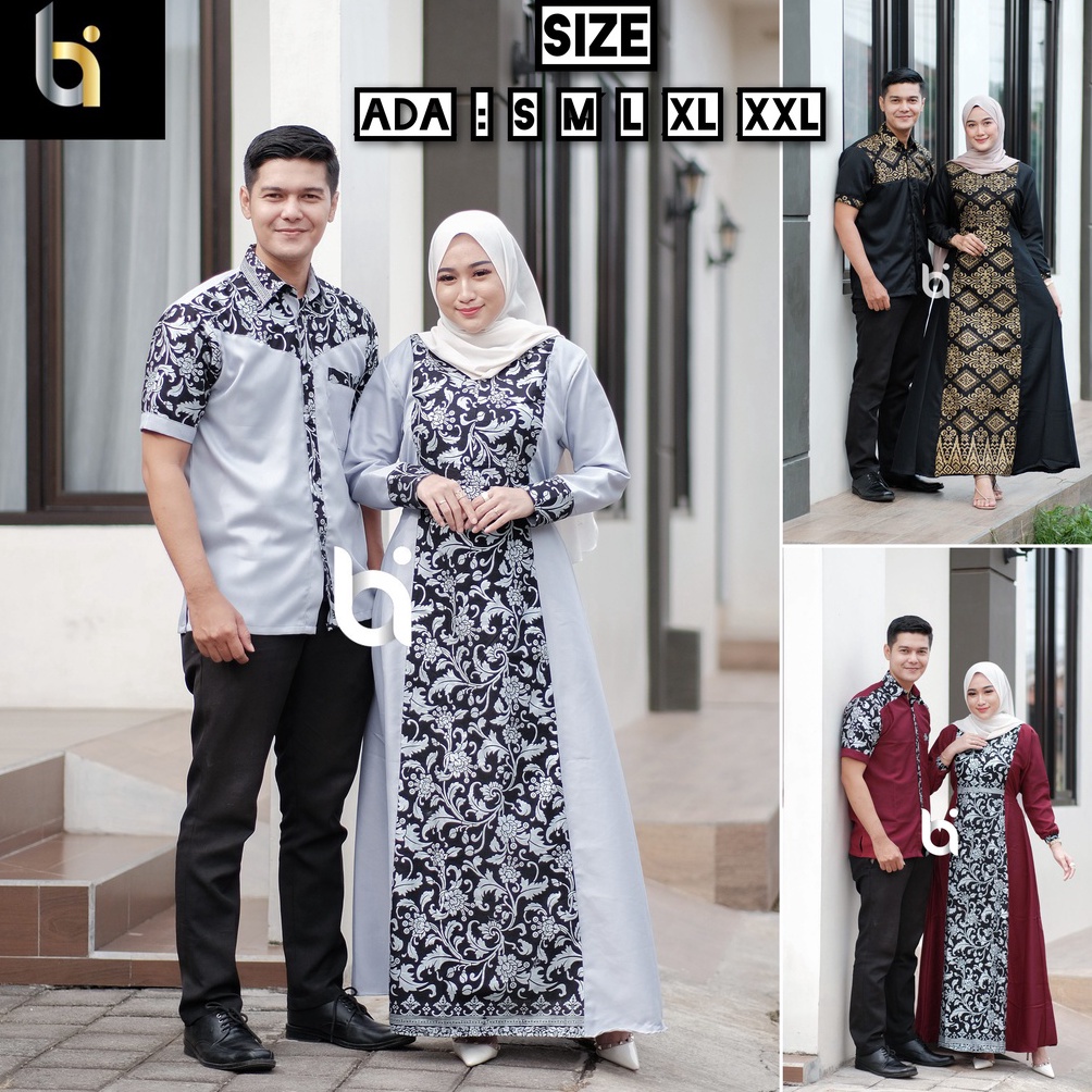 ART J3D8 Baju batik cople gamis moscrep couple batik gamis pasangan muslim sarimbit keluarga cople suami istri wanita kapel kondangan