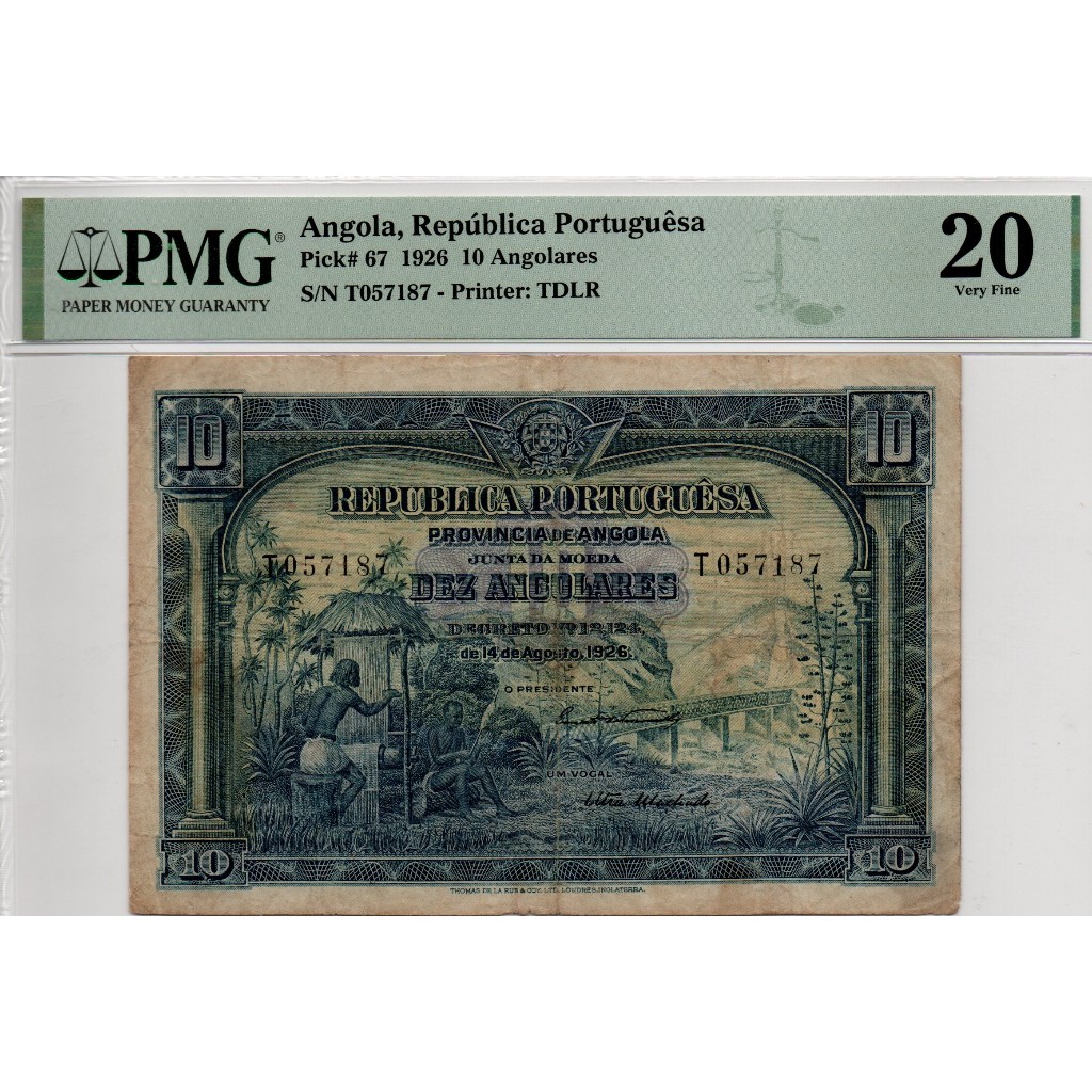 Uang Kuno Angola 10 Angolares 1926 pick 67 (PMG 20 VF) Rare