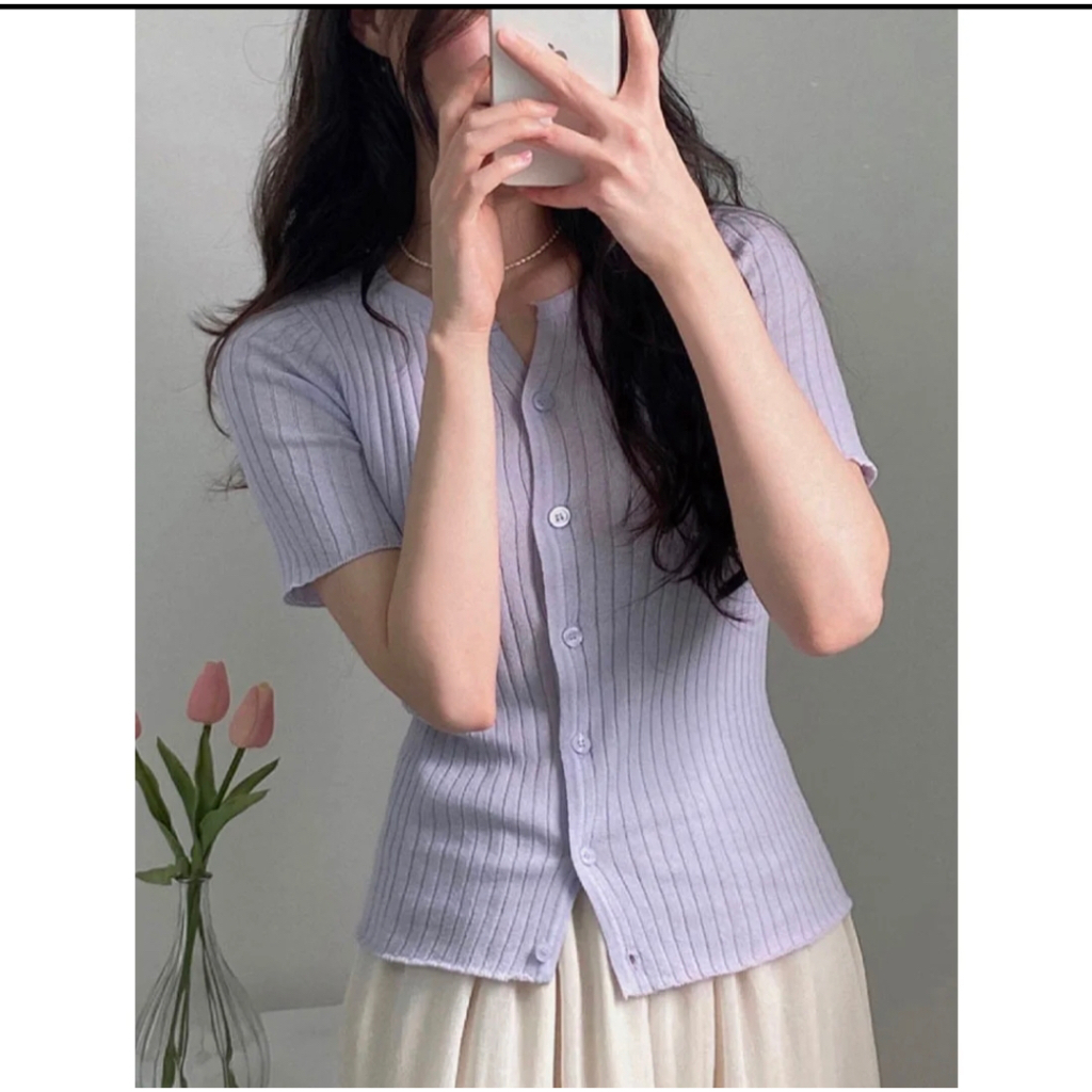 Baju Rajut Wanita Musim Panans – Rajut Lengan Pendek Kancing Depan