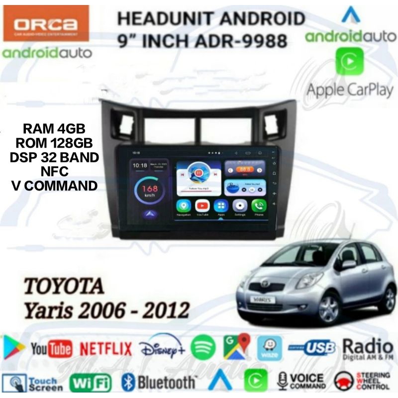 HEAD UNIT TAPE TV MOBIL ANDROID ORCA TOYOTA YARIS BAKPAO 2006-2012 RAM 4GB/128GB LAYAR 9 INCH