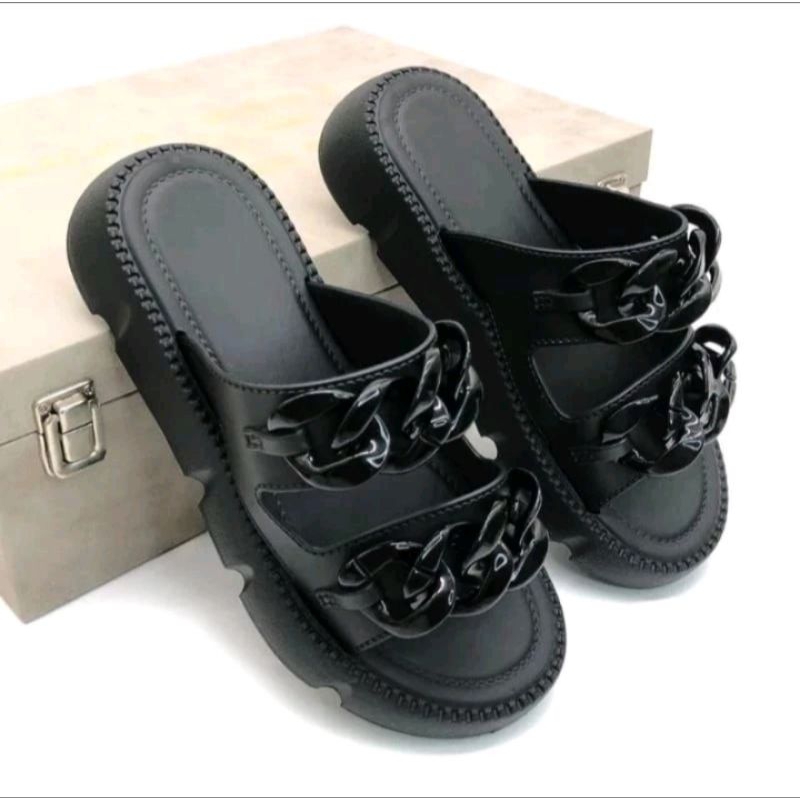 Sandal Perempuan ban 2 tali rantai couple mamah sandal anak perempuan motif rantai tali belakang siz