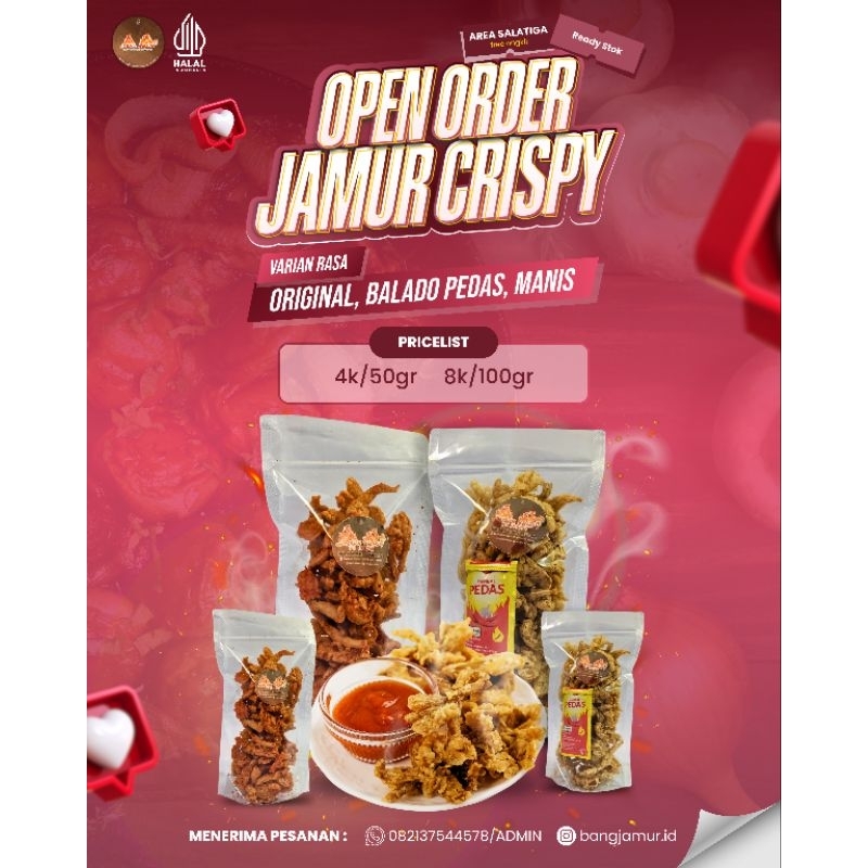 

Jamur Crispy Original, Balado Pedas, Jagung Manis. Jamur Krispi Kiloan