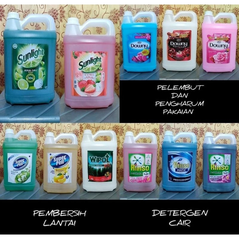 Sabun pencuci piring Sunlight - Rinso cair - Wipol - Super pell - Downy 5 liter kental original