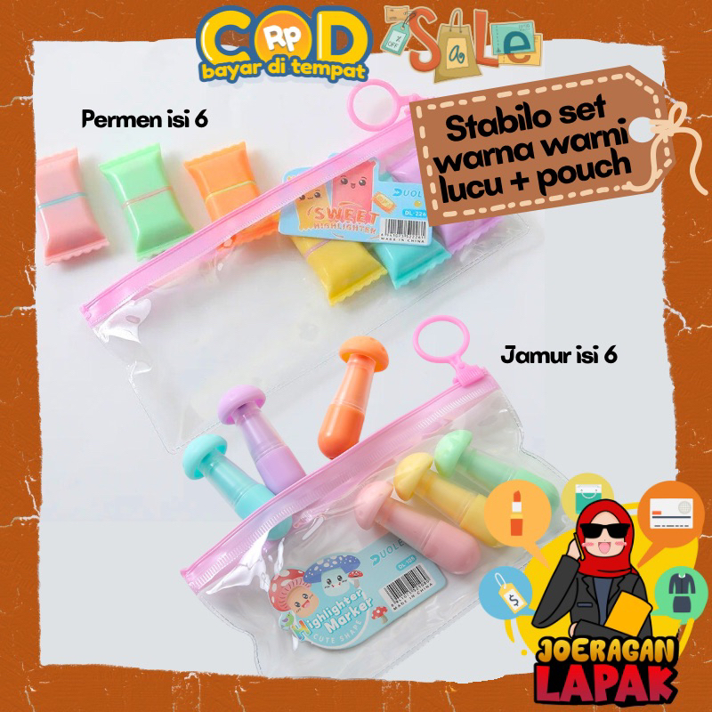 ⭐️JOERAGAN LAPAK⭐️ STABILO SET ISI 6 PCS + POUCH BENTUK JAMUR DAN PERMEN LUCU UNIK SPONTLINER 6PCS H