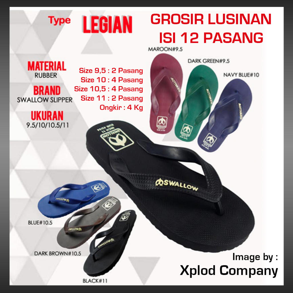 (12 Pasang) Grosir Lusinan Sandal Swallow Legian Premium Ukuran Seri 9.5 – 11 Sendal Swallow Grosir