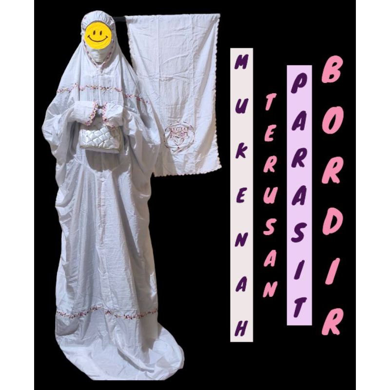MUKENAH / MUKENA ( Rukuh ) Terusan Parasit Putih Bordir Bunga [ PREMIUM ] + SAJADAH