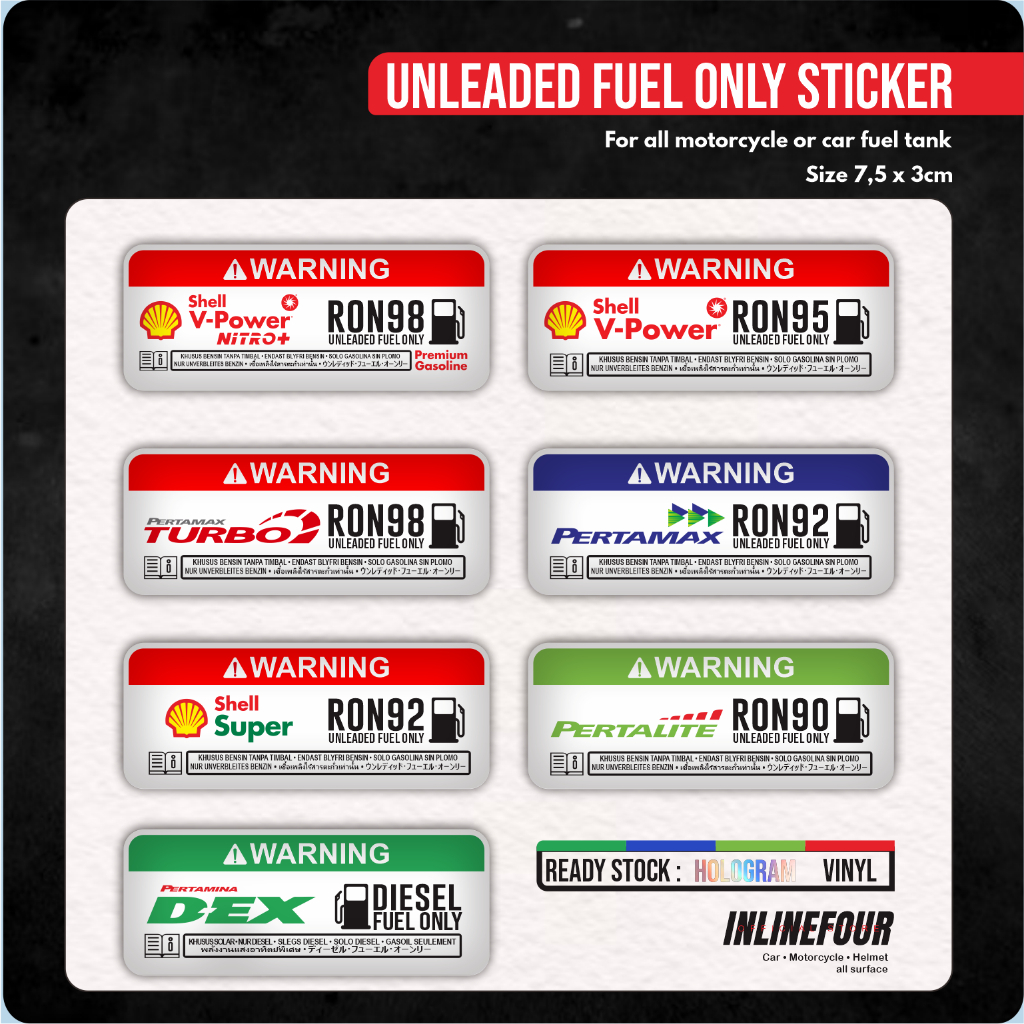 

Sticker Printing Cut Unleaded Fuel Only Stiker RON Tangki Bahan Bakar Bensin Diesel Motor Mobil Kotak