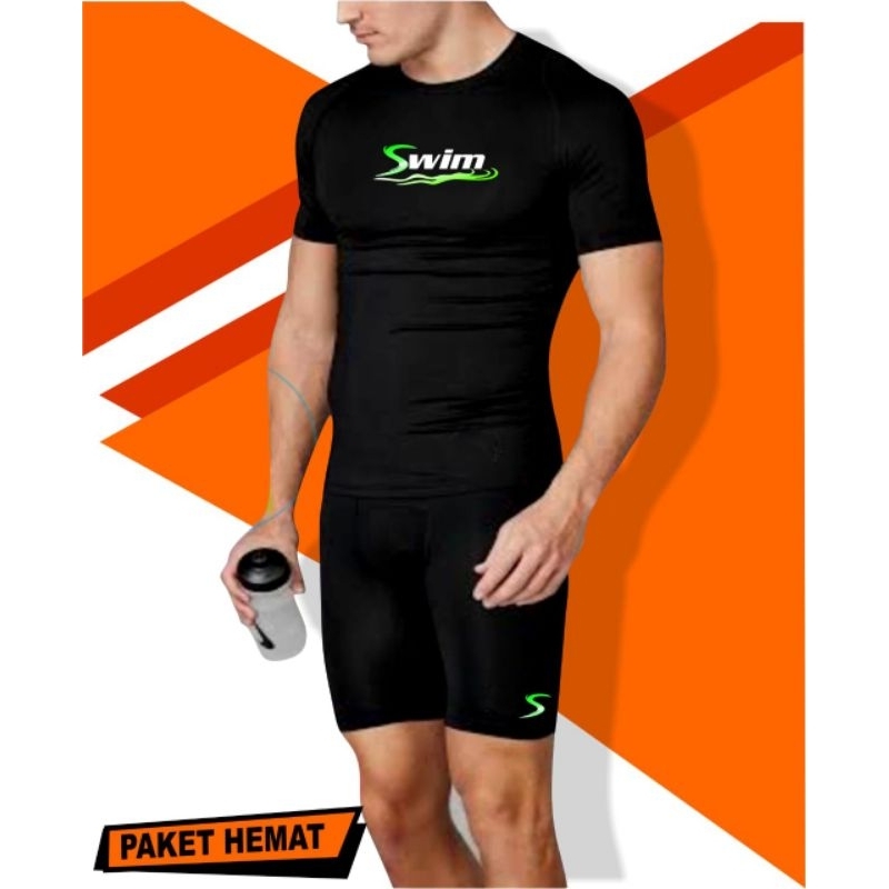 Setelan kaos Baju renang pria - celana renang ketat kaos lengan pendek renang premium
