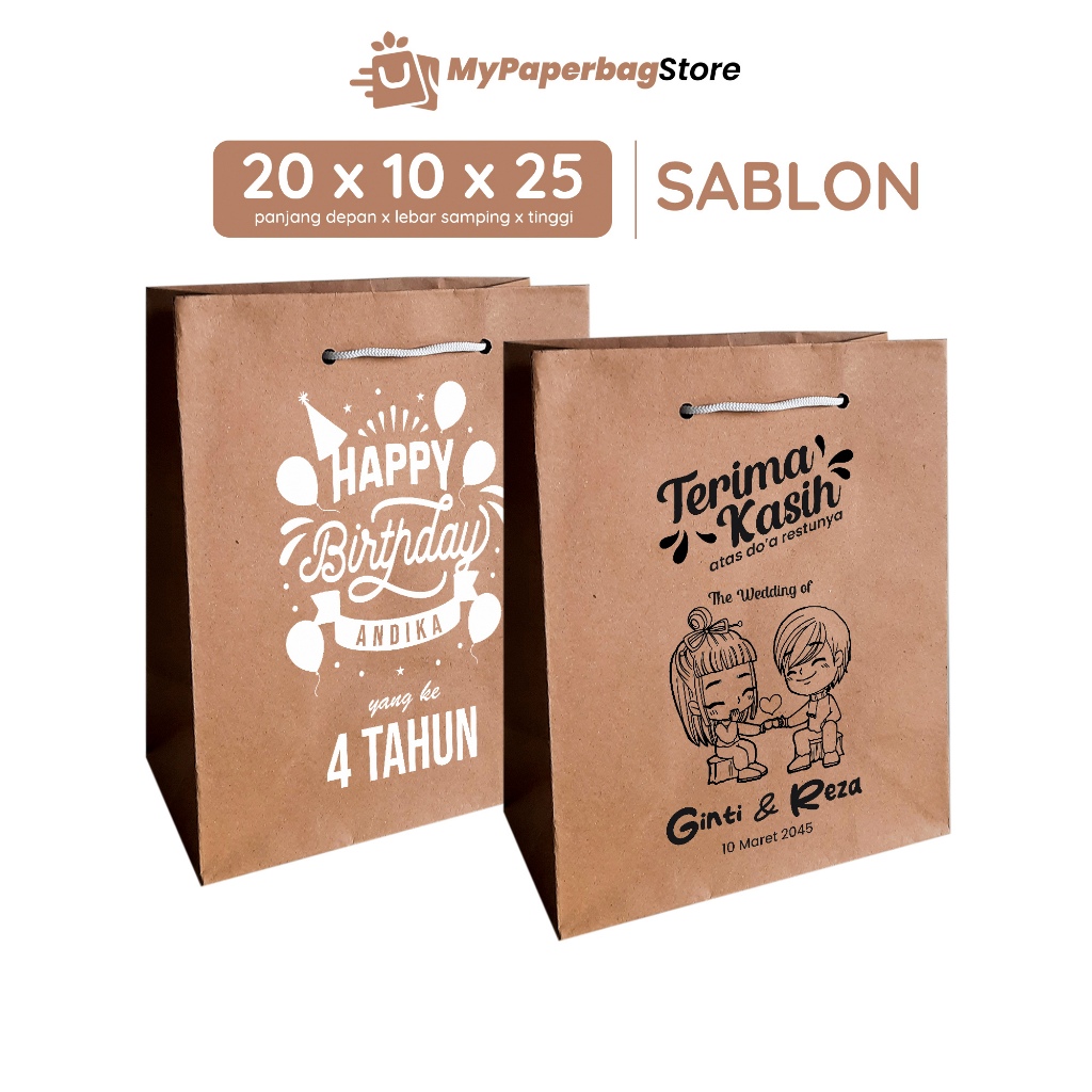 

Paperbag Sablon Tas Kertas Cokelat Ukuran 20x10x25 (R6) / Tas Souvenir Paper Bag Songgong Hajatan