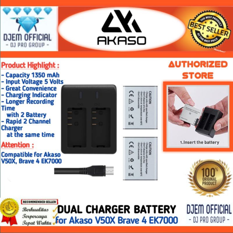 AKASO V50X Brave 4 EK7000 Dual Charger + 2 Battery Kit Camera Actioncam Akaso V50 X 4K Wifi Baterai 