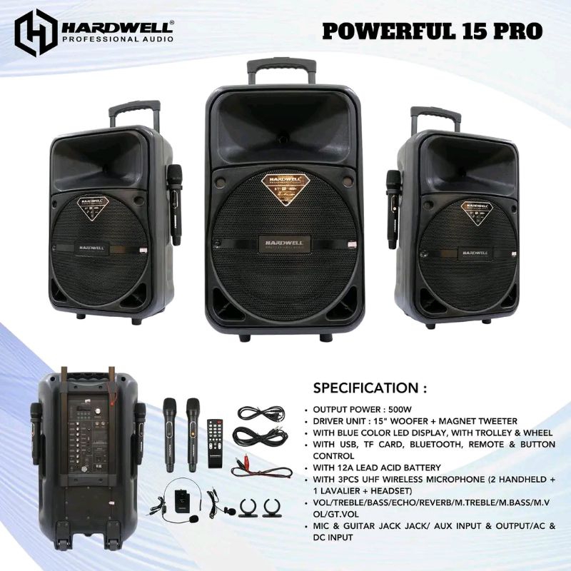 Speaker Portable 15 inch Terbaik Hardwell Powerfull 15 Pro Bluetooth Original garansi resmi