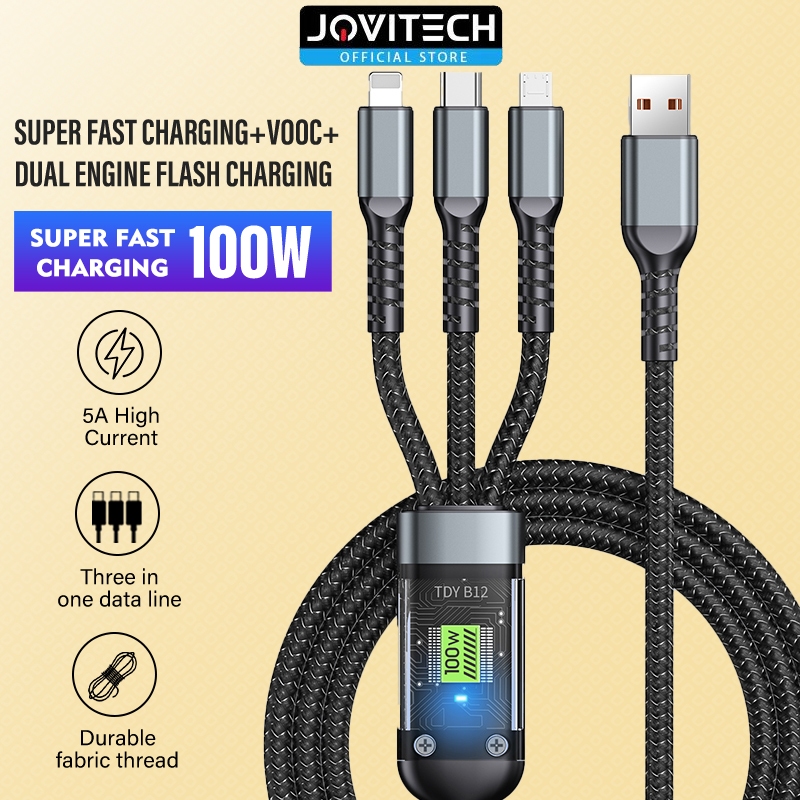 Jovitech 3in1 Nylon Kabel Data 100W Type C Micro USB Lightning 1.2M Data Cable Intelligent Digital D