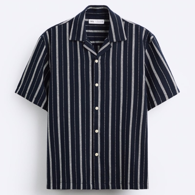 ZARA Men Striped Shirt Kemeja Pria Lengan Pendek Navy