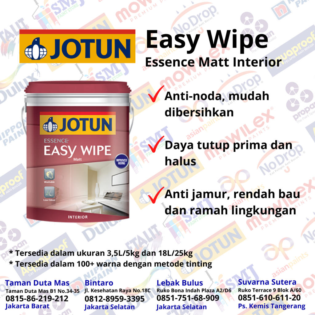 CAT INTERIOR JOTUN ESSENCE EASY WIPE WARNA PUTIH DAN TINTING KEMASAN 18 LITER