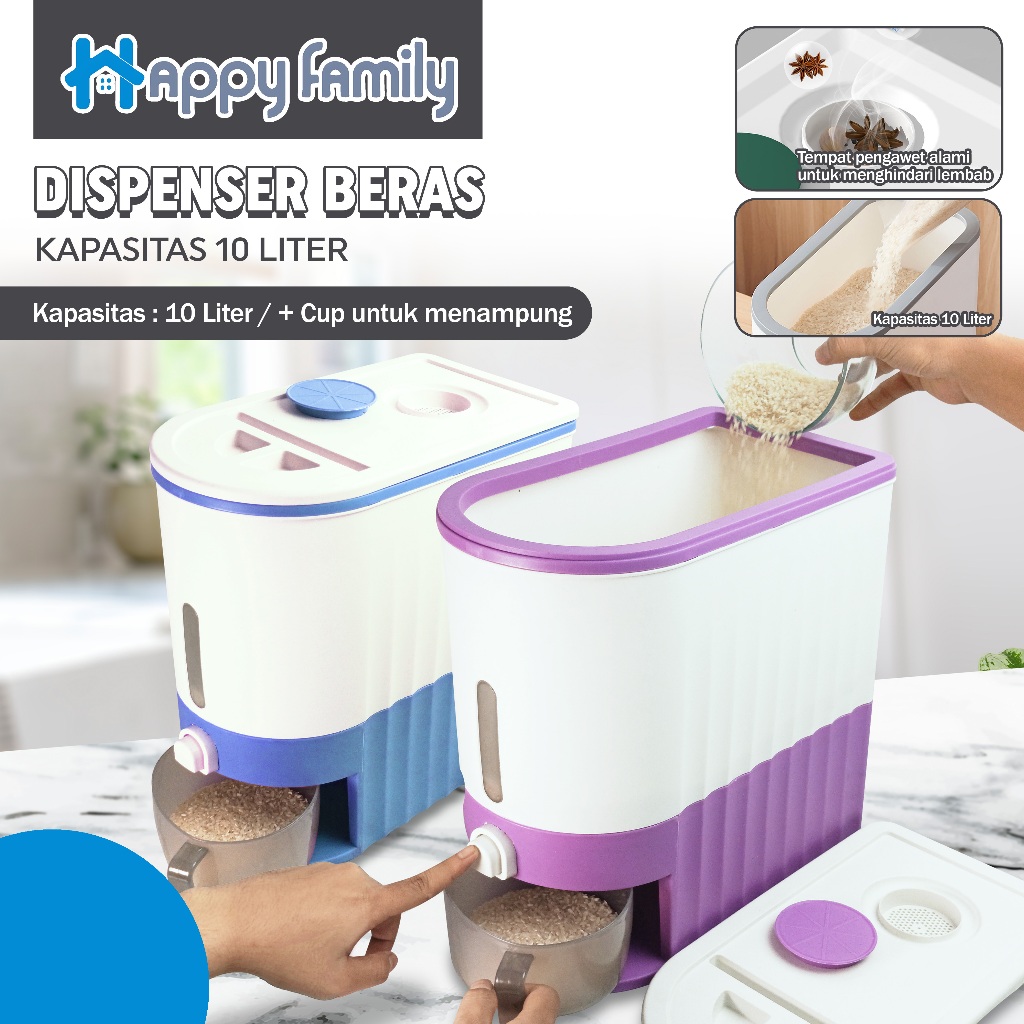 Happy Family Dispenser Beras 10 Liter Free Cangkir Beras/Wadah Penyimpanan Beras High Quality