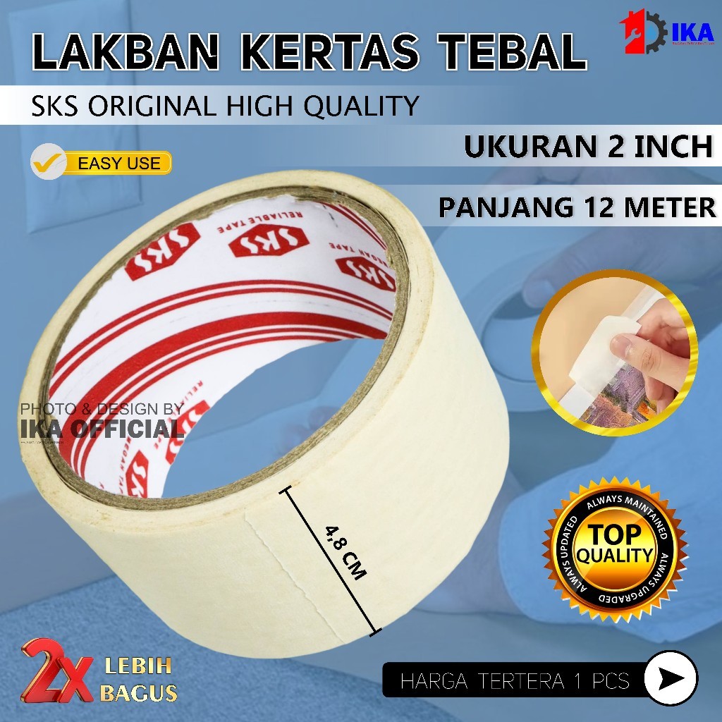 

LAKBAN KERTAS / MASKING TAPE SKS 2 INCH / 48 MM LIST NGE CAT TEMBOK / BISA DITULIS LEM ASLI 100%