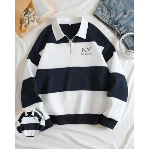 ART C89G RUGBY NY BROOKLYN SWEATER STRIPE NY SWEATER KERAH SWEATER KOMBINASI PRIA WANITA