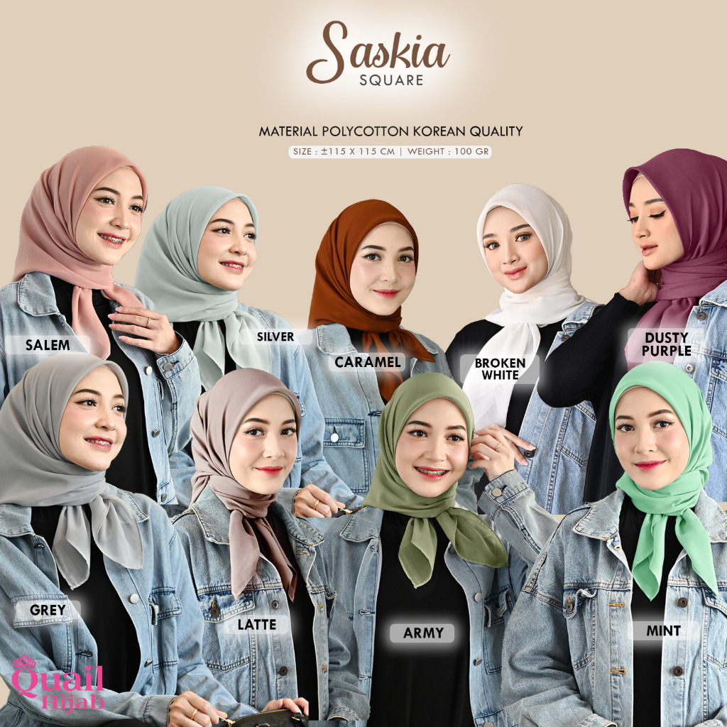 SASKIA  SQUARE Polycotton Korean by Quail Hijab Ori Murah
