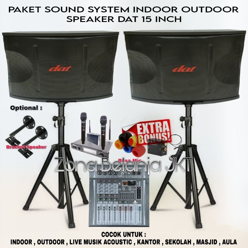 PAKET SOUND SYSTEM INDOOR OUTDOOR LIVE MUSIK SPEAKER DAT 15 INCH POWER MIXER 4 CHANNEL USB BLUETOOTH