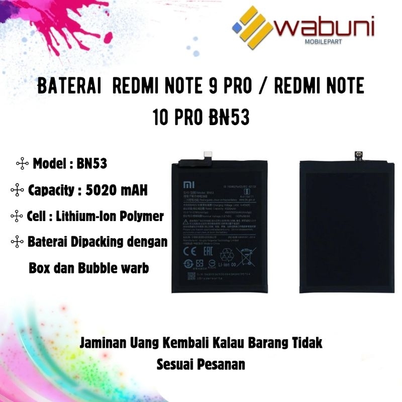 Wabunimobilepart Baterai / batre / batrai Redmi Note 9 Pro / Redmi Note 10 Pro BN53