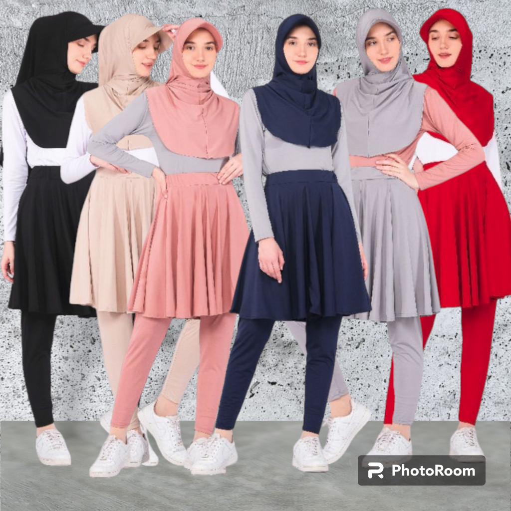 SETELAN SPORT HIJAB TOPI MANSET LEGGING ROK WANITA JEJE BAJU DAN CELANA OLAHRAGA SKIRTPANT SENAM JOG
