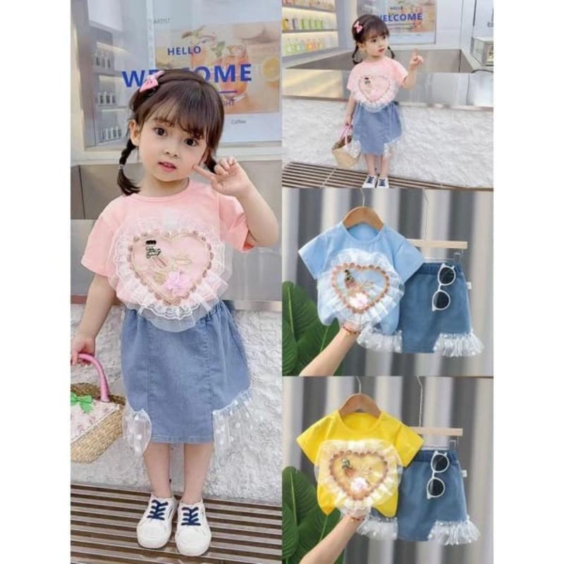 Setelan rok jeans anak perempuan import 1tahun - 2tahun setelan anak cewek impor setelan kaos anak p