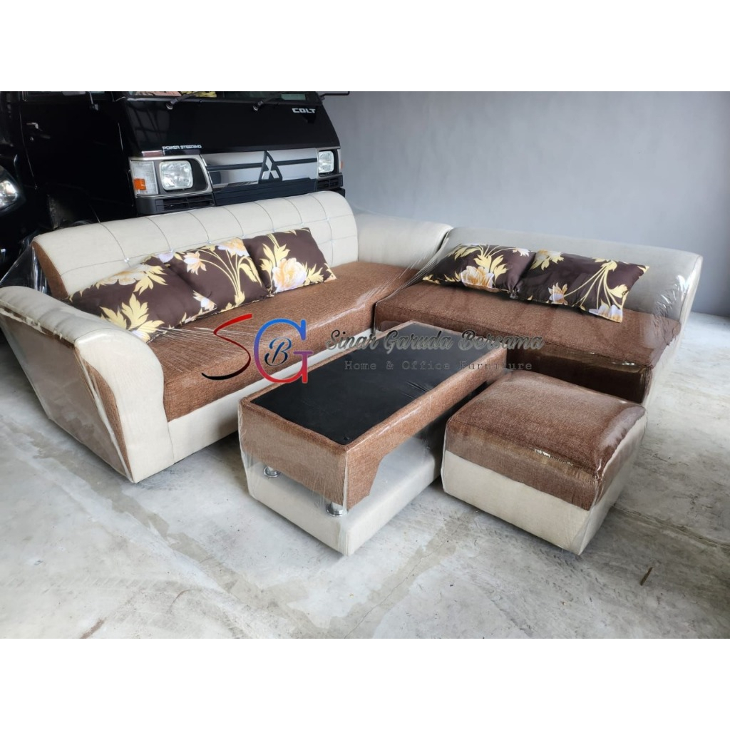 SOFA LETTER L COKLAT CREAM MINIMALIS + BANTAL + MEJA / SOFA TANDUAK