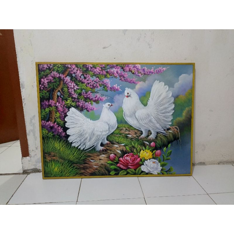 Lukisan kanvas burung merpati putih sepasang