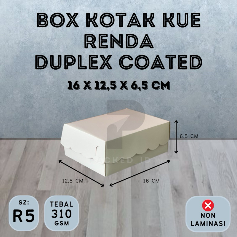 

Box Kotak Kue (R5) Renda Duplex Coated Putih Mengkilap ukuran 16x12,5x6,5 cm Ketebalan 310gsm Muat Aqua Gelas | Dus Kotak Kue Snack Box