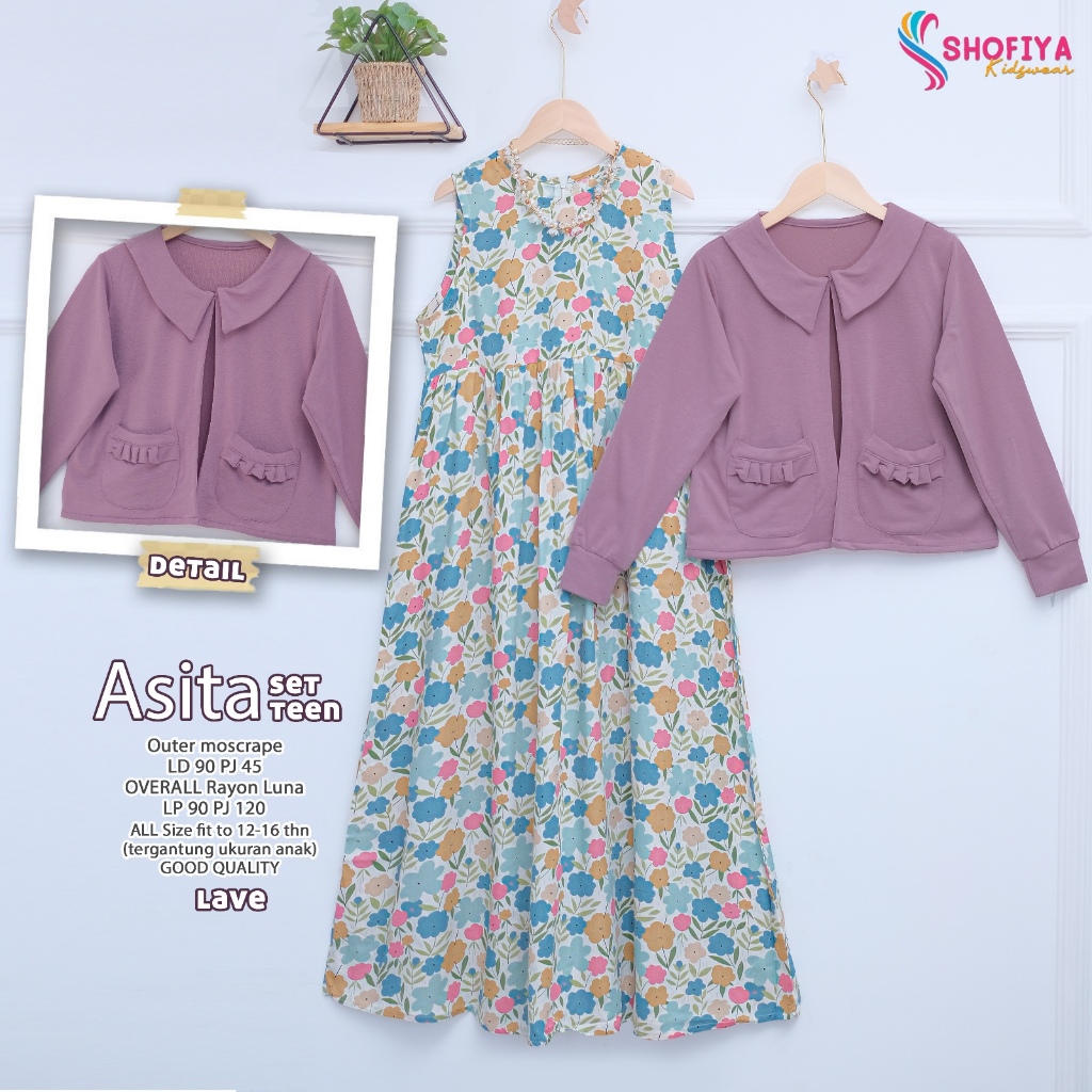 asita gamis dress dres baju pakaian busana overall rayon motif bunga setelan set 2in1 outer moscrepe