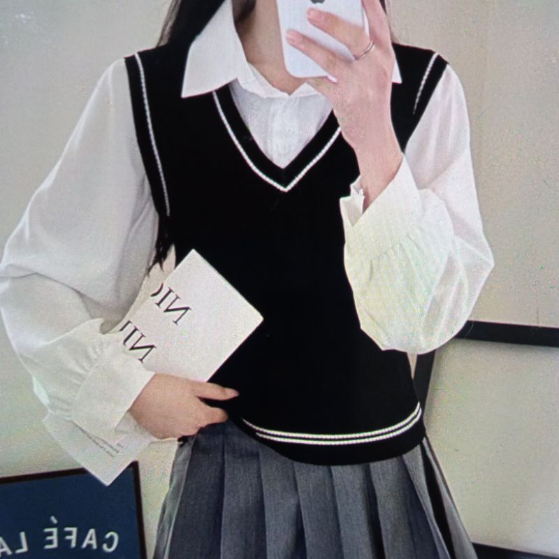 blouse rompi lengan panjang putih hitam