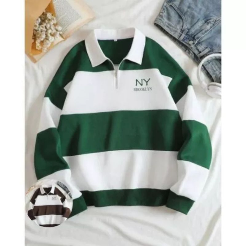 Sweater Rugby Hoodie salur sweater kerah CREWNECK NY BROOKLYN pria wanita