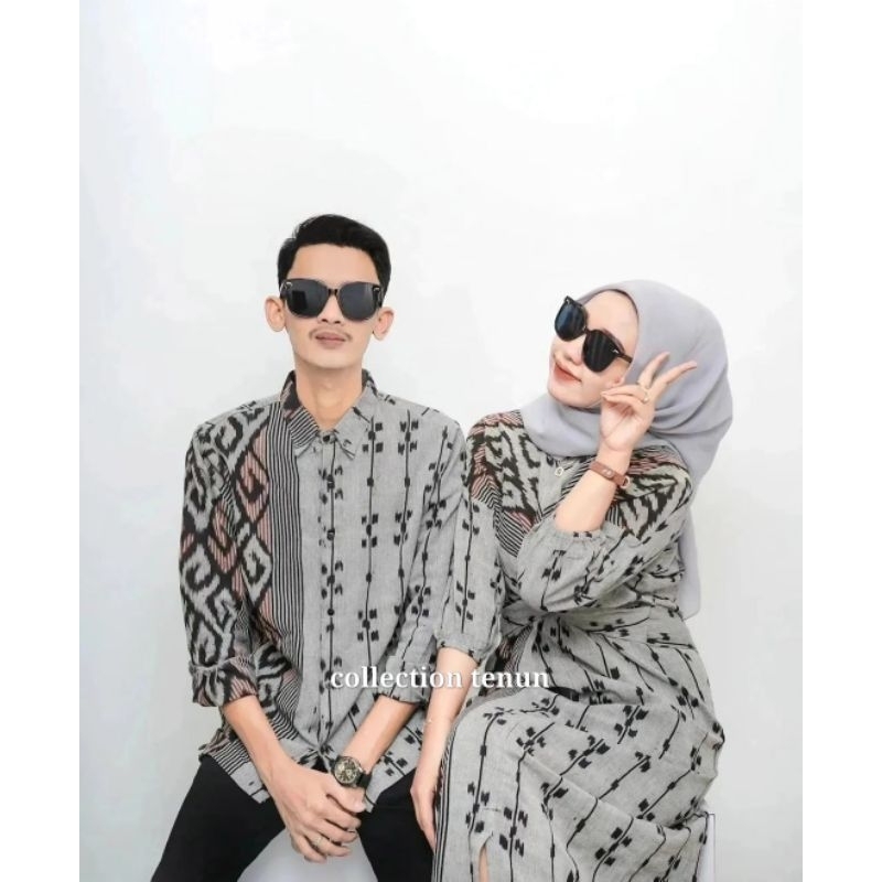 Set Couple Clara Dres Perempuan Abu Rintik baju tenun pasangan pria wanita kondangan prewedding guru