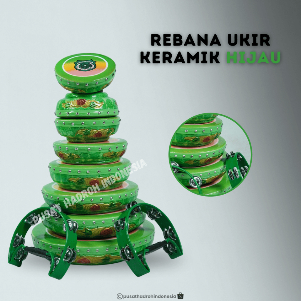 Rebana Qasidah Ukir Motif Keramik Hijau 1 Set Isi 10 Rebana Hadroh Banjari Terbangan Lasqi Fullset S