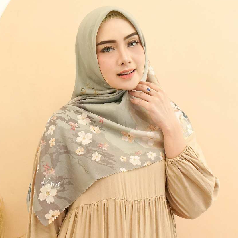 KENES SCARF - [KV10 Hijau Sage] Hijab Kerudung Segiempat Voal Spesial Premium Motif Abstrack Flower 