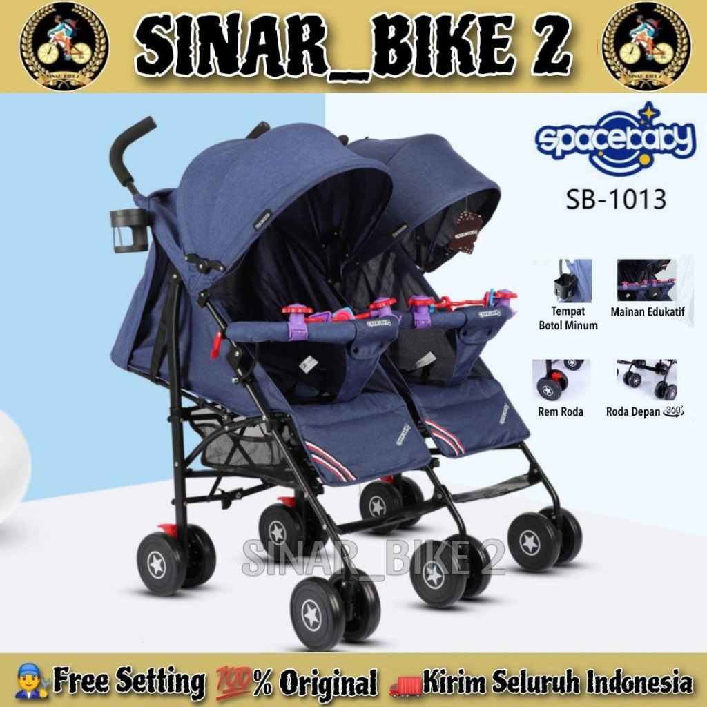 Baby Stroller SPACEBABY SB 1013 Twins Kembar Kereta Dorong Anak Bayi Kanopi Rem Roda Enam