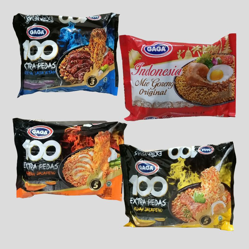

Mie Instan GAGA 100 Extra Pedas Goreng & Kuah 75gr Soto, Lada HItam, Jalapeno dan Original