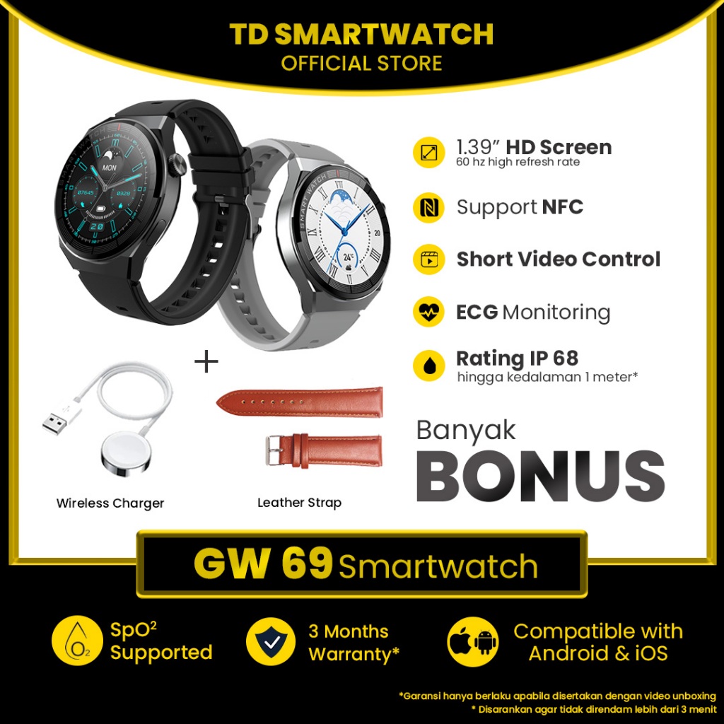 Smart Watch GW 69 Plus Series Jam Tangan Pintar Pria Desain bisa buat Apple, Samsung, Huawei, Oppo, Vivo, Xiaomi Bluetooth Wireless Charging, Gray/Black