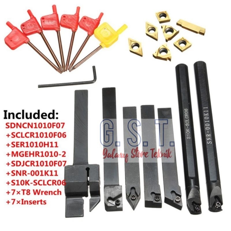 7PCS HOLDER BUBUT PAHAT BUBUT 1010 / 10MM SET INSERT CARBIDE BARU