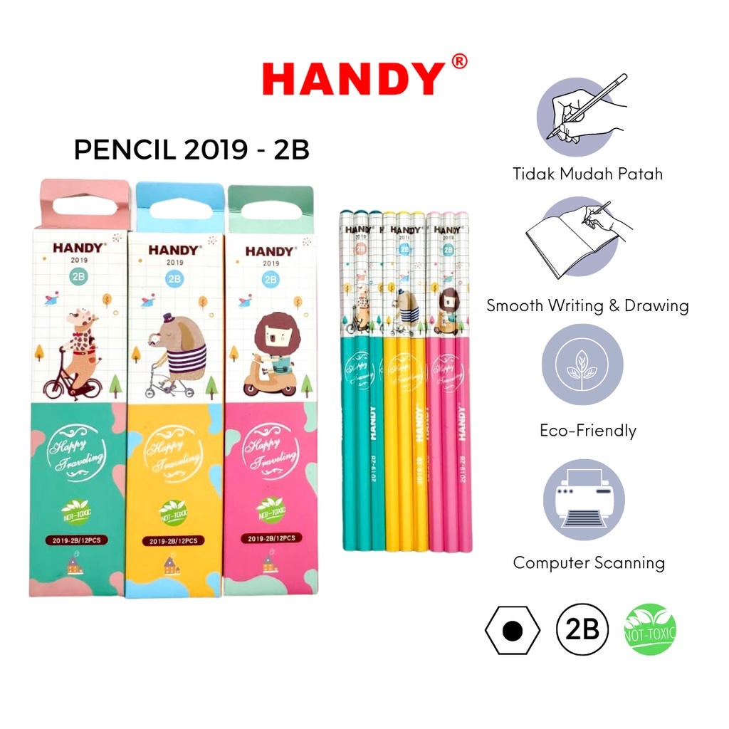 

12 Pcs HANDY Pensil Pencil Kayu Karakter/Grafit/Graphite 2B Non-Toxic tdk beracun utk ujian sekolah/gambar