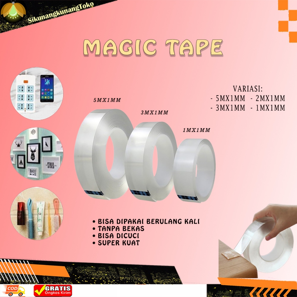 

(SKN) COD Nano Double Tape Ajaib Bening Tahan Air Acrylic Washable Ivy Grip Isolasi Selotip Dicuci 1 3 5